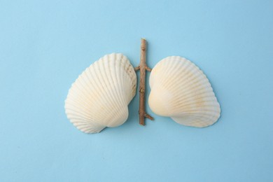 Human lungs made of seashells on light blue background, flat lay