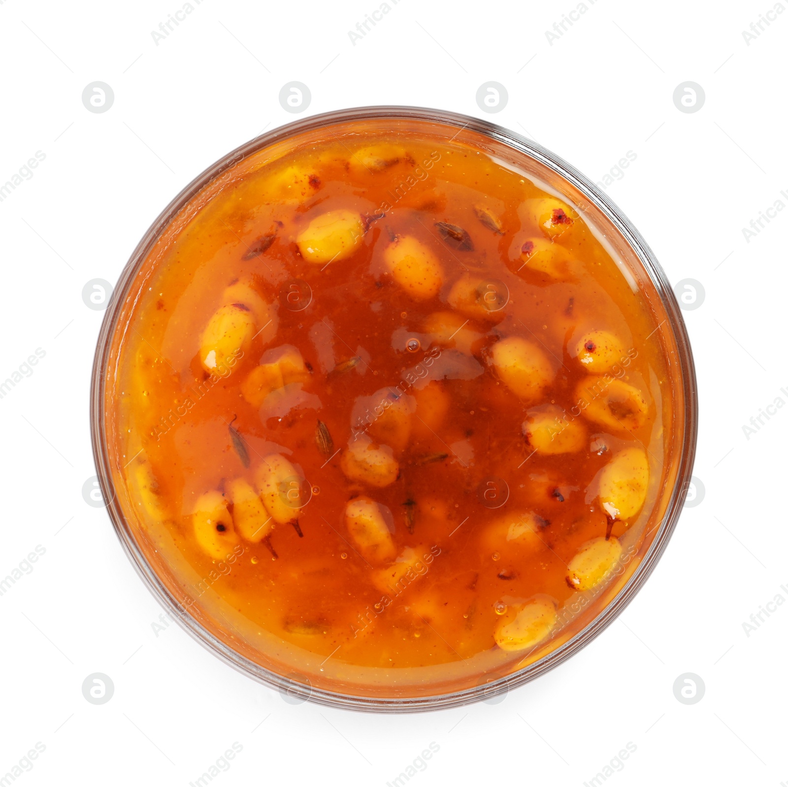 Photo of Delicious sea buckthorn jam in bowl isolated on white, top view