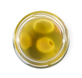 Photo of Open jar of pickled olives on white background, top view