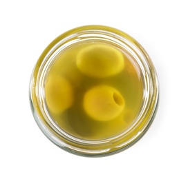 Open jar of pickled olives on white background, top view