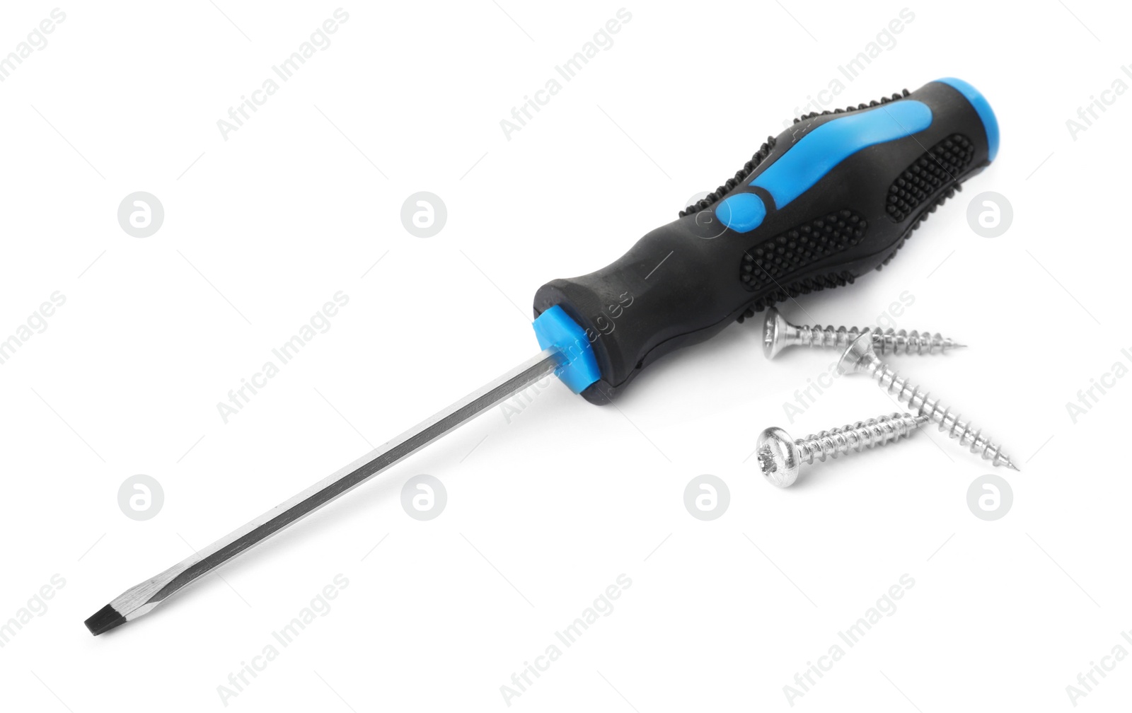 Photo of Screwdriver with black handle and screws isolated on white