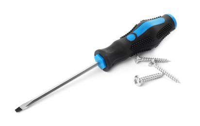 Photo of Screwdriver with black handle and screws isolated on white