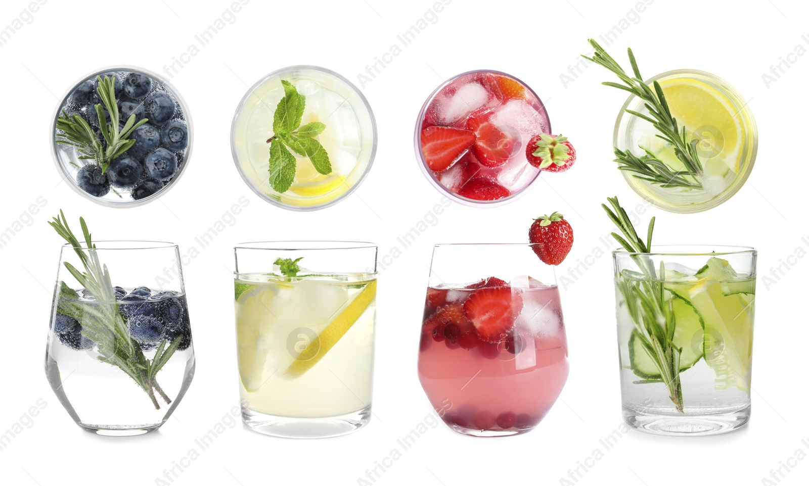 Image of Set with different refreshing cocktails on white background. Banner design