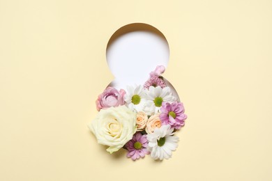 Photo of 8 March greeting card design with flowers, top view. Happy International Women's Day