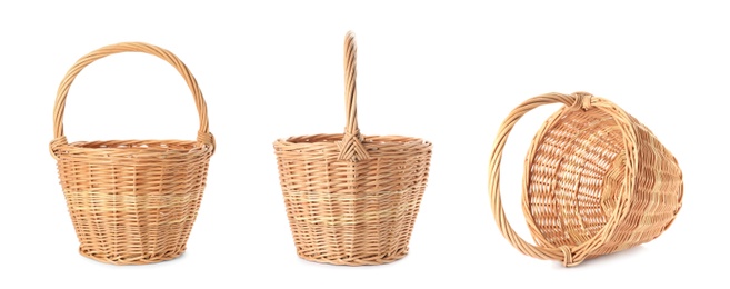 Image of Set with empty wicker baskets on white background, banner design