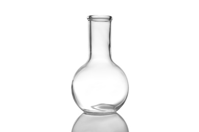 Photo of Empty Florence flask on white background. Laboratory glassware
