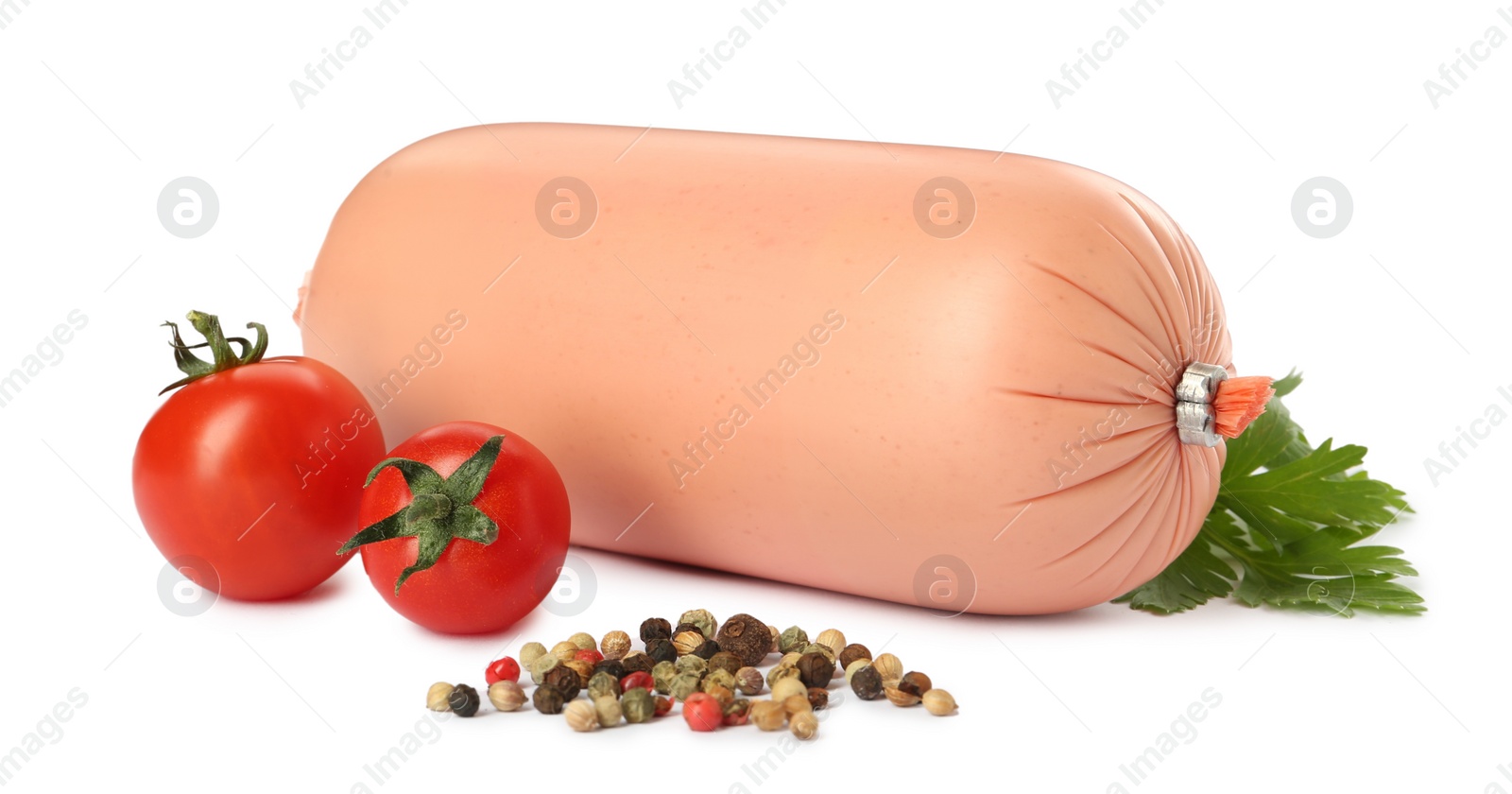 Photo of Tasty boiled sausage with tomatoes, parsley and peppercorns on white background. Meat product