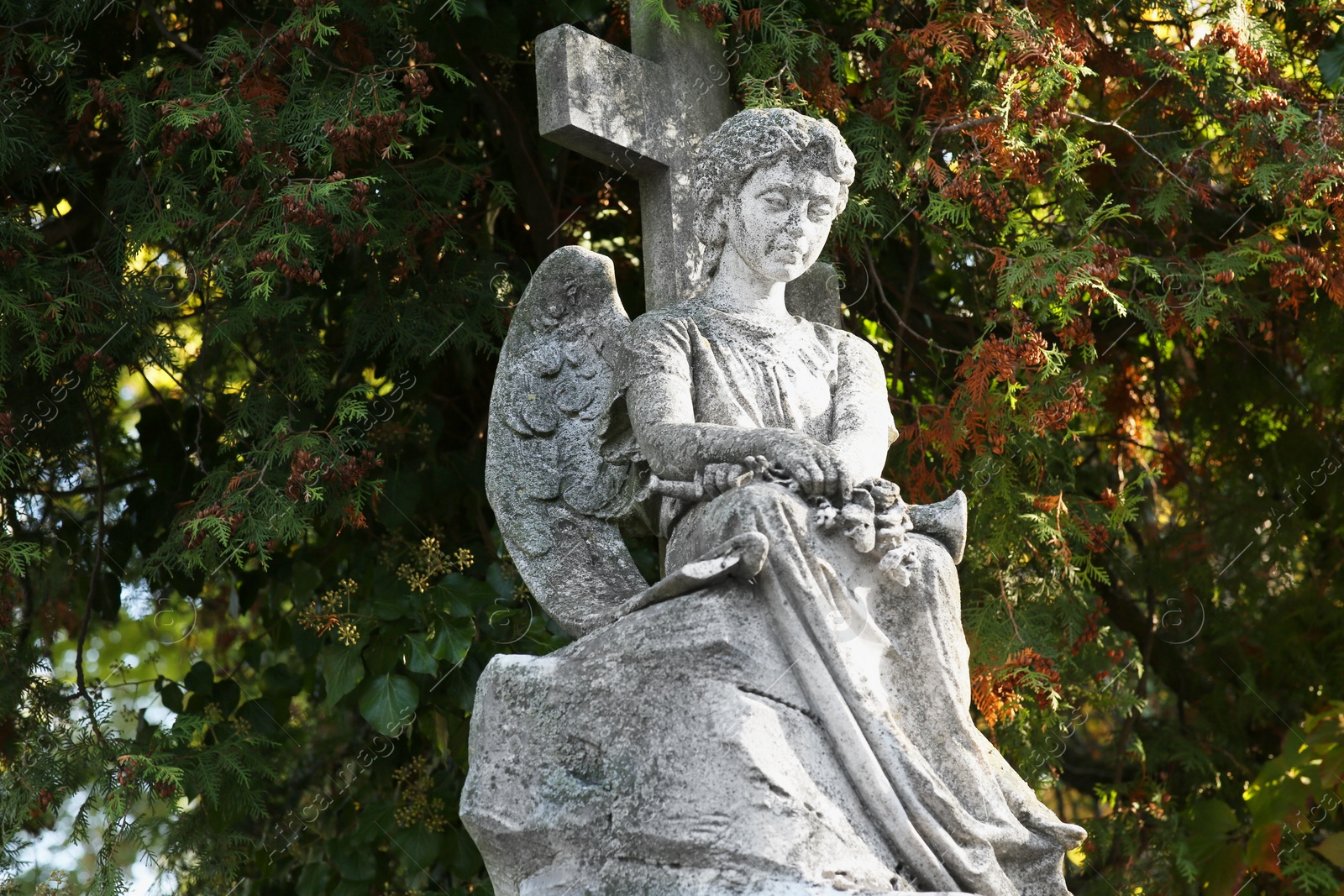 Photo of Beautiful statue of angel at cemetery. Religious symbol