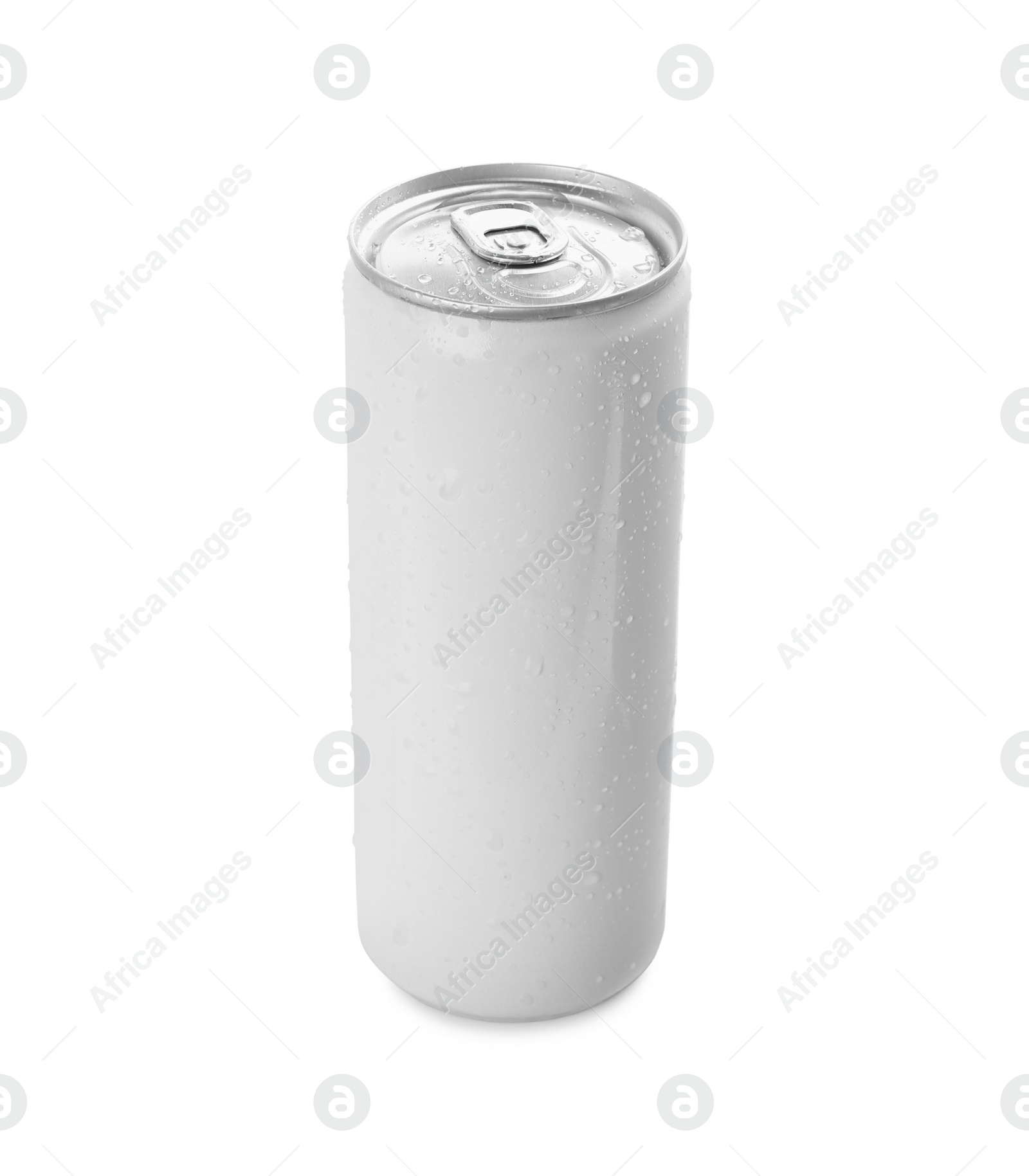 Photo of Can of energy drink with water drops isolated on white. Mockup for design