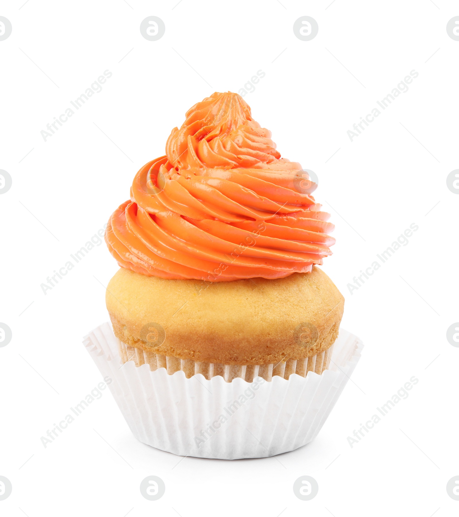 Photo of Tasty birthday cupcake with cream on white background