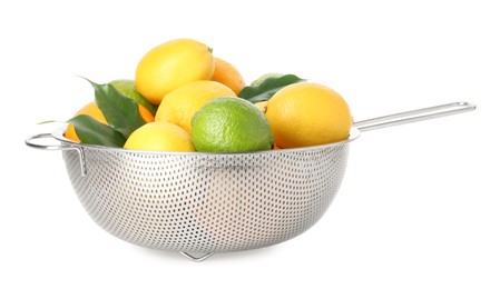 Photo of Metal colander with citrus fruits isolated on white