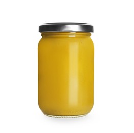 Spicy mustard in glass jar isolated on white