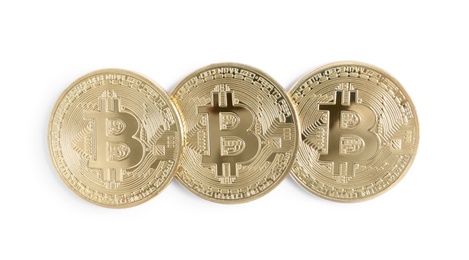 Photo of Bitcoins isolated on white, top view. Digital currency