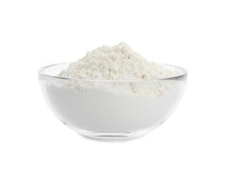 Organic flour in glass bowl isolated on white