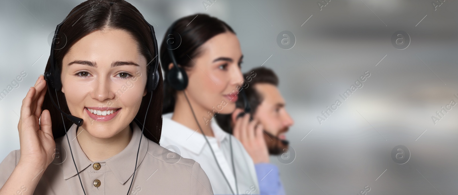 Image of Hotline operators with headsets in office, space for text. Banner design