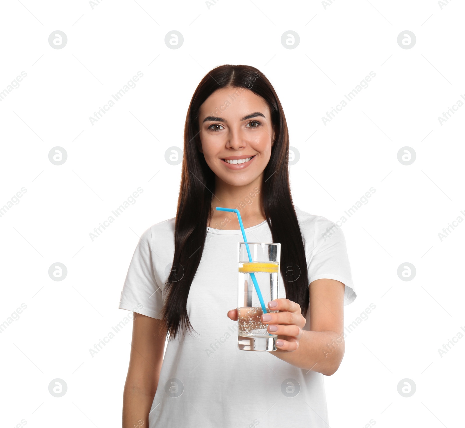 Photo of Beautiful young woman with tasty lemon water on white background