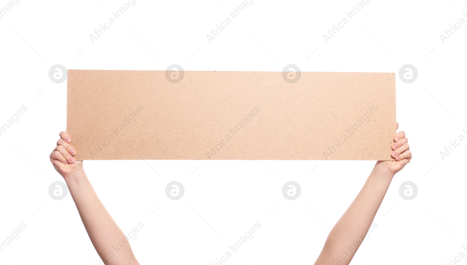 Photo of Woman holding blank cardboard banner on white background, closeup