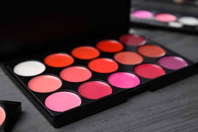 Colorful lipstick palette on black wooden table, closeup. Professional cosmetics