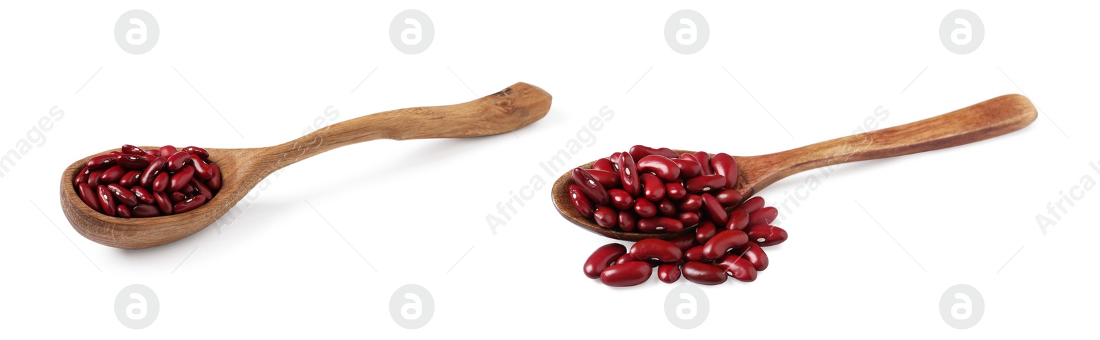 Image of Raw red kidney beans in wooden spoons on white background, collage. Banner design