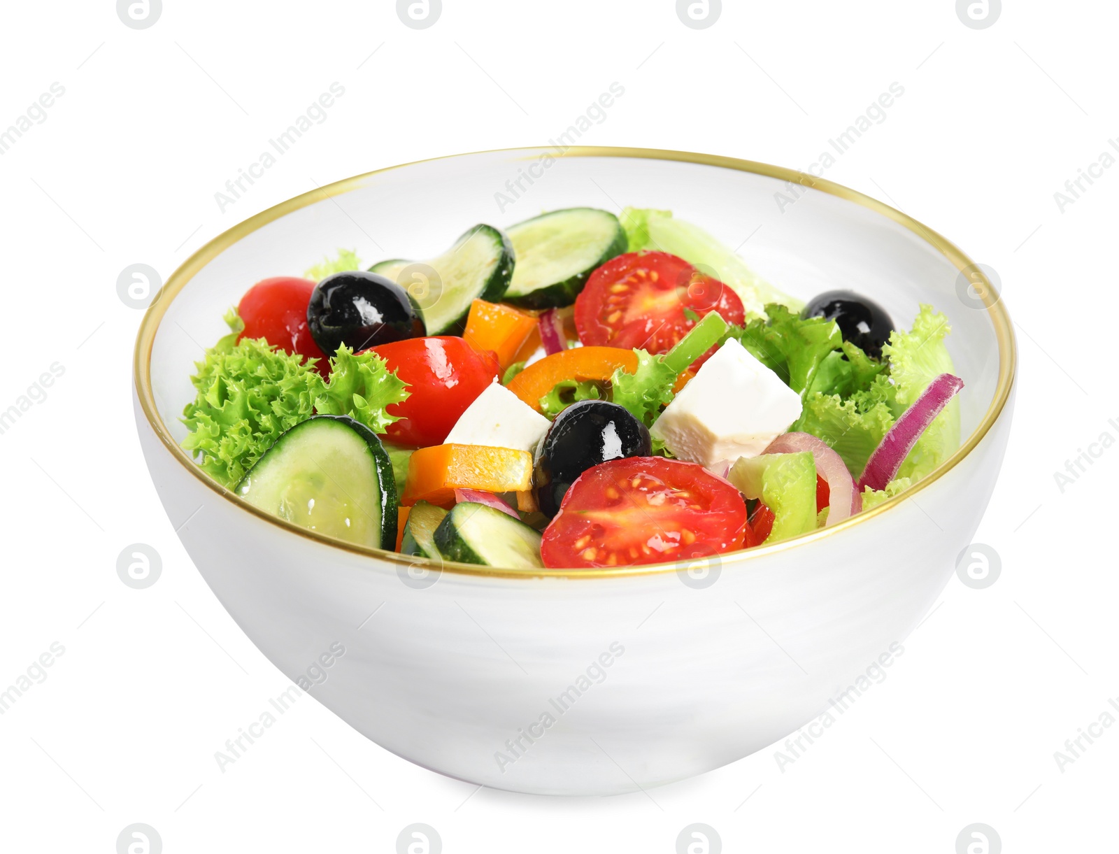 Photo of Tasty fresh Greek salad on white background