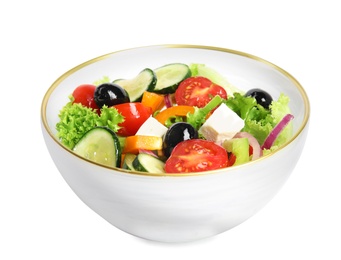 Photo of Tasty fresh Greek salad on white background