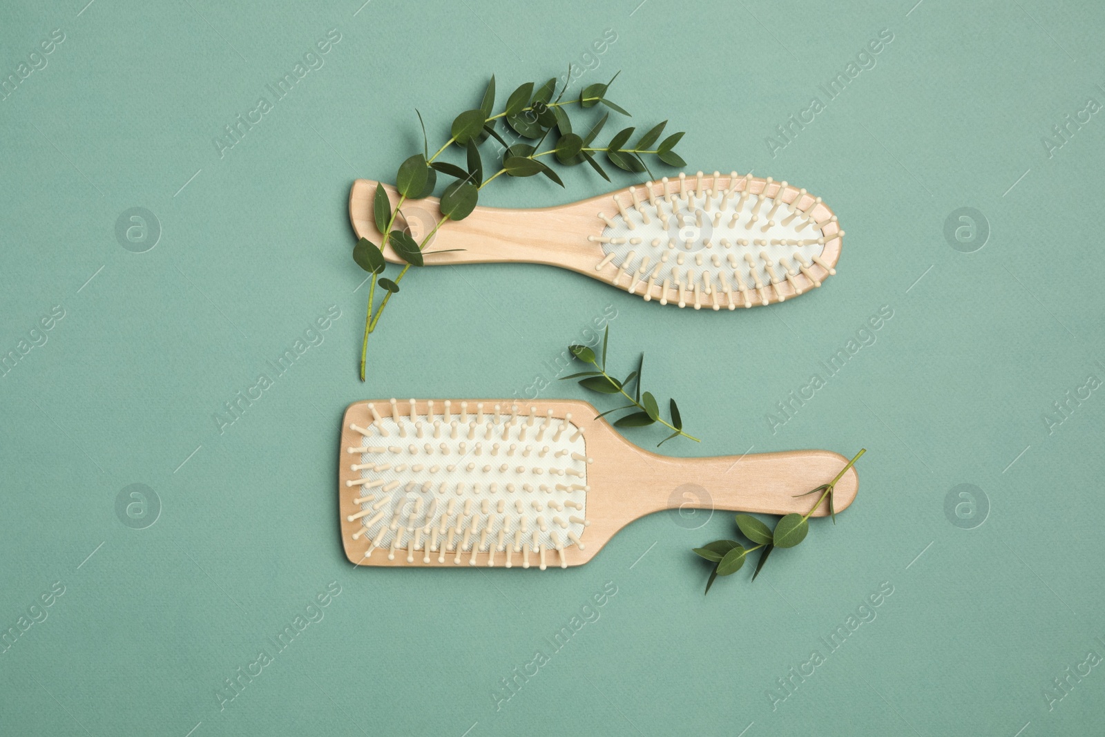Photo of Modern hair brushes and plants on green background, flat lay