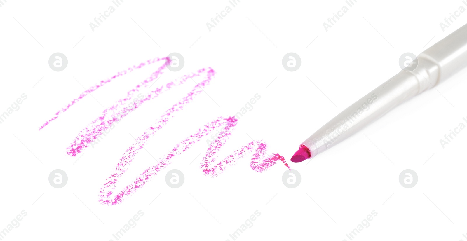 Photo of Bright lip liner stroke and pencil on white background, top view