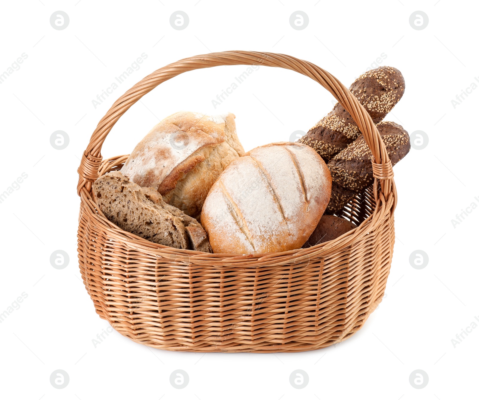 Photo of Wicker basket with different types of fresh bread isolated on white