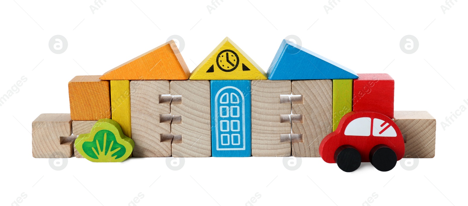 Photo of Set of wooden toys isolated on white. Children's development