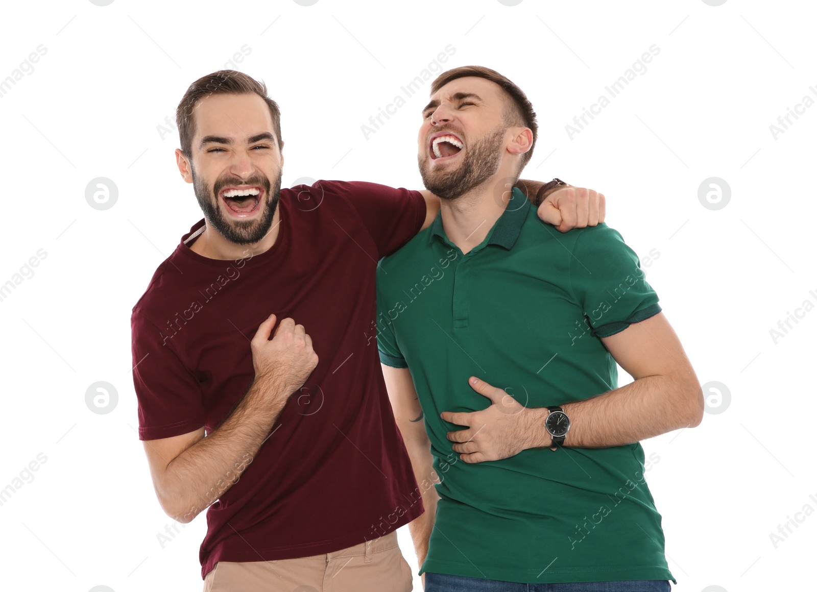 Photo of Portrait of young men laughing on white background