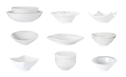 Image of Set with empty ceramic bowls on white background 