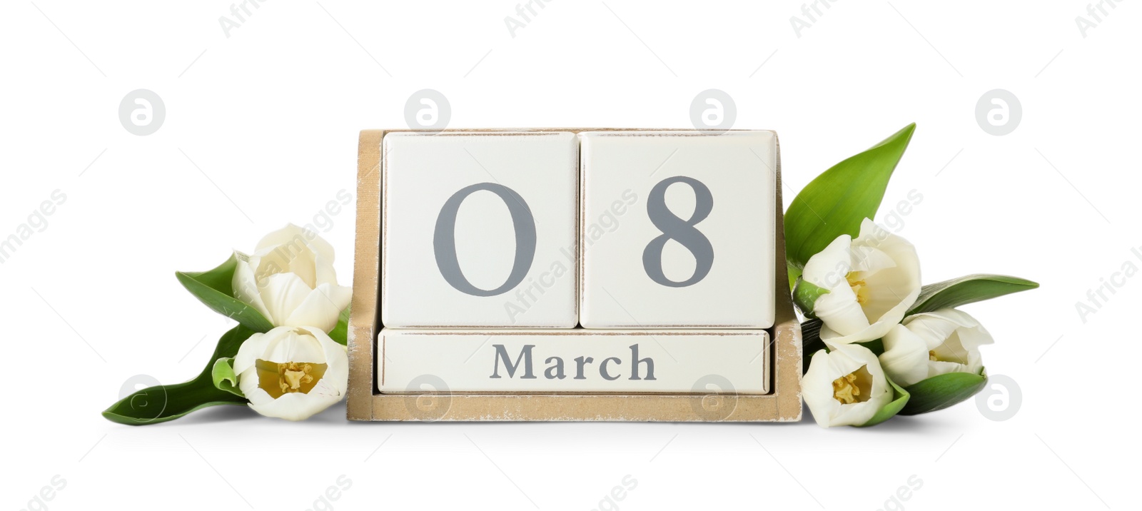 Photo of Wooden block calendar with date 8th of March and tulips on white background. International Women's Day