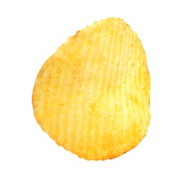 Tasty ridged potato chip on white background