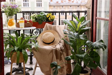Photo of Relaxing atmosphere. Stylish furniture surrounded by beautiful houseplants on balcony