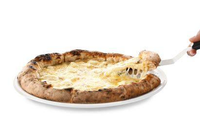 Woman taking slice of tasty cheese pizza on white background, closeup