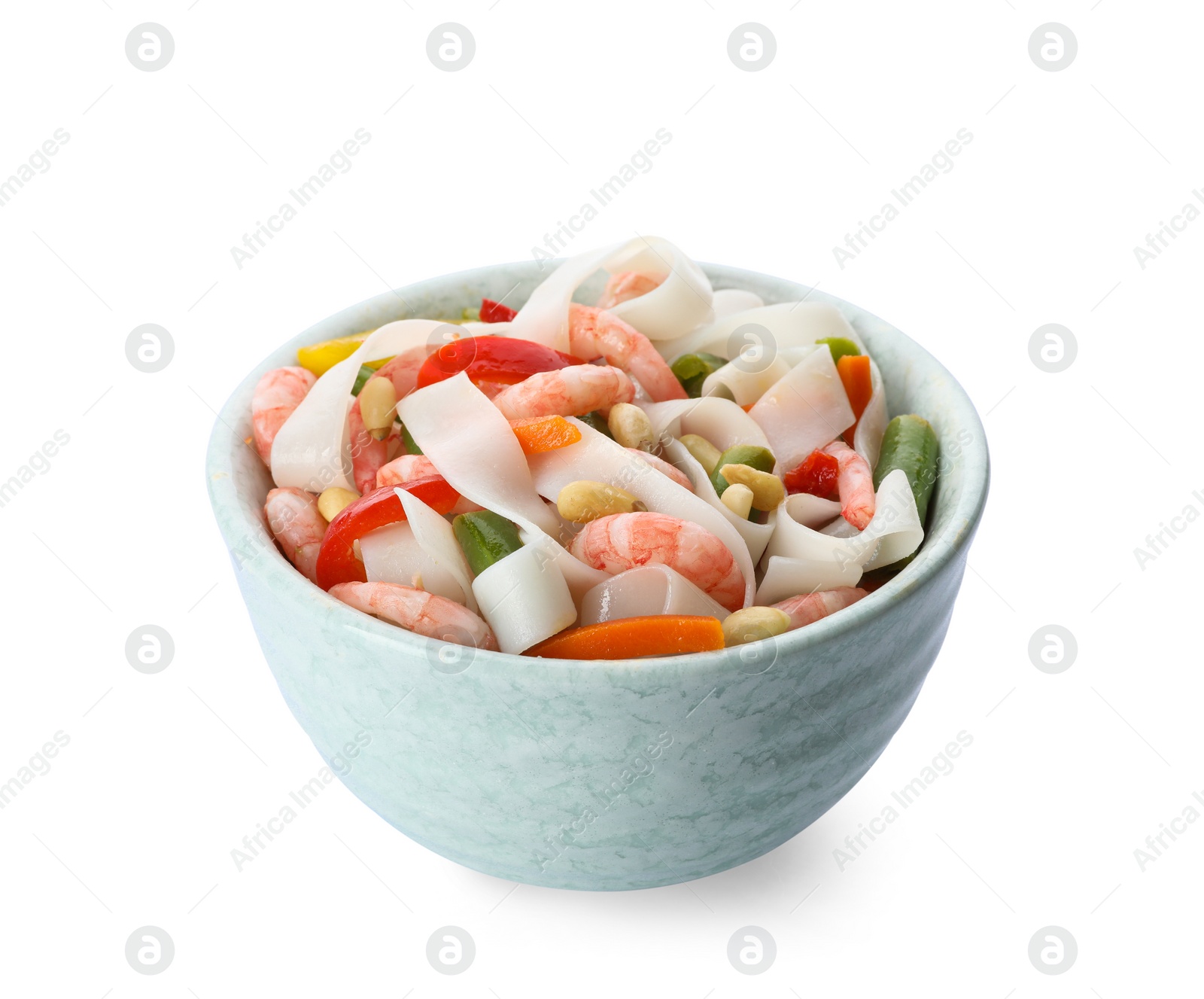 Photo of Tasty cooked rice noodles with shrimps and vegetables isolated on white