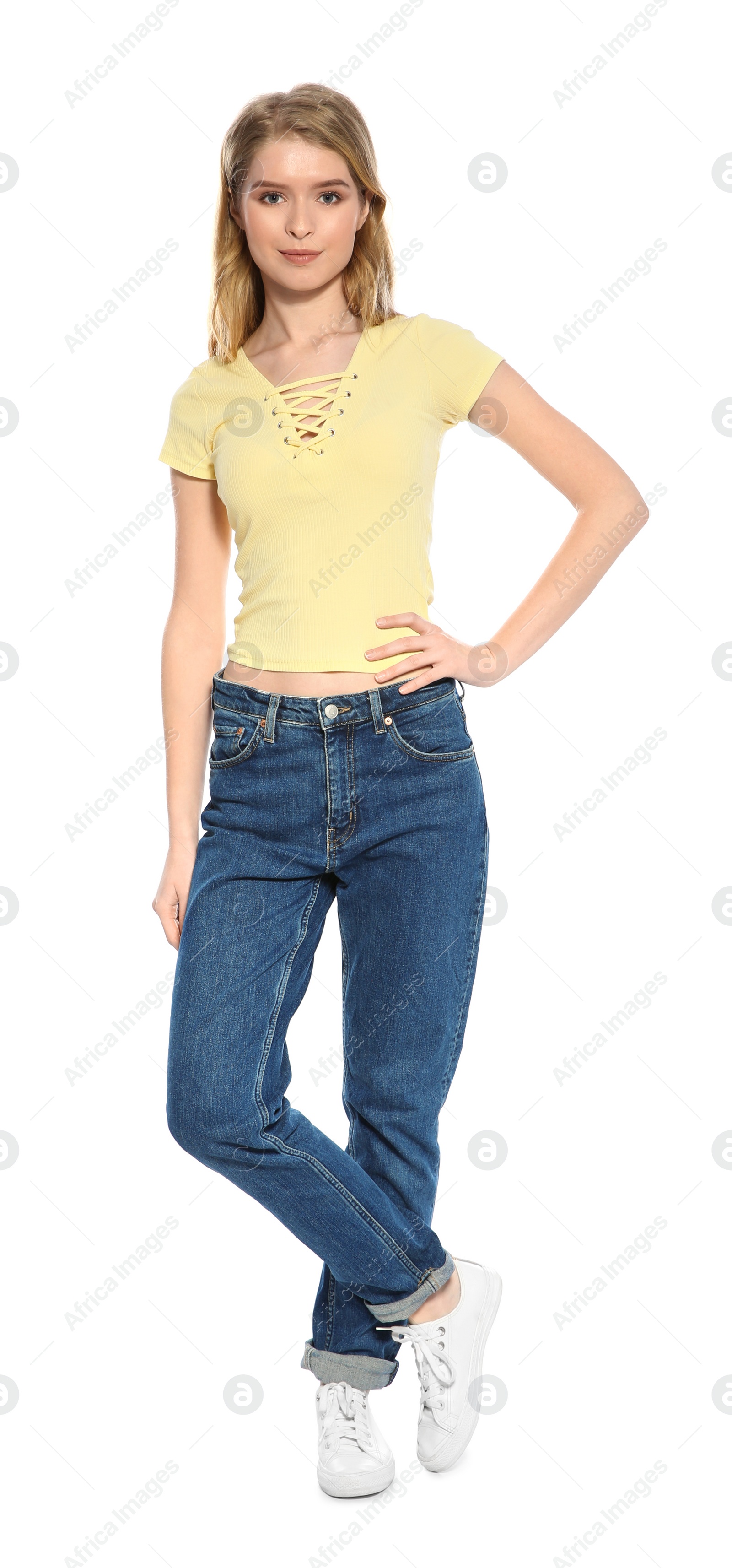 Photo of Portrait of beautiful young woman on white background