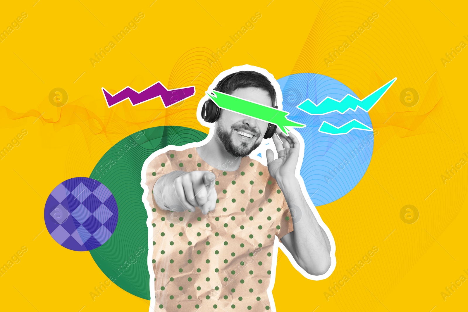 Image of Man with headphones dancing on bright background, creative collage. Stylish art design