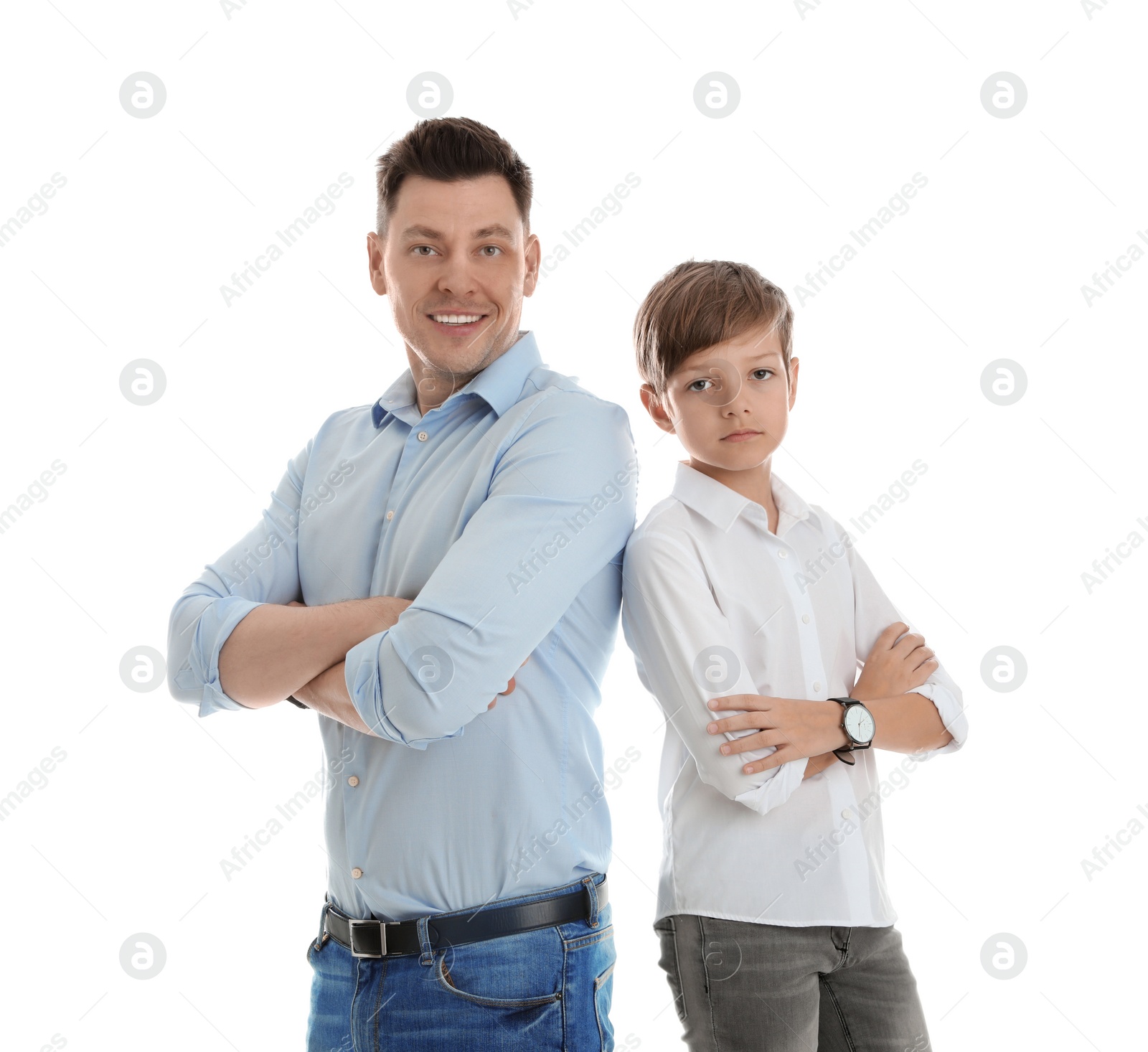 Photo of Portrait of dad and his son isolated on white