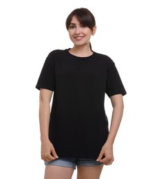 Smiling woman in stylish black t-shirt on white background