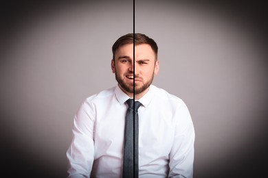 Image of Young man expressing different emotions on light grey background, collage. Personality concept