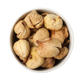 Photo of Bowl with dried figs on white background, top view. Healthy fruit