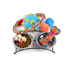 Different pet goods on white background. Shop assortment