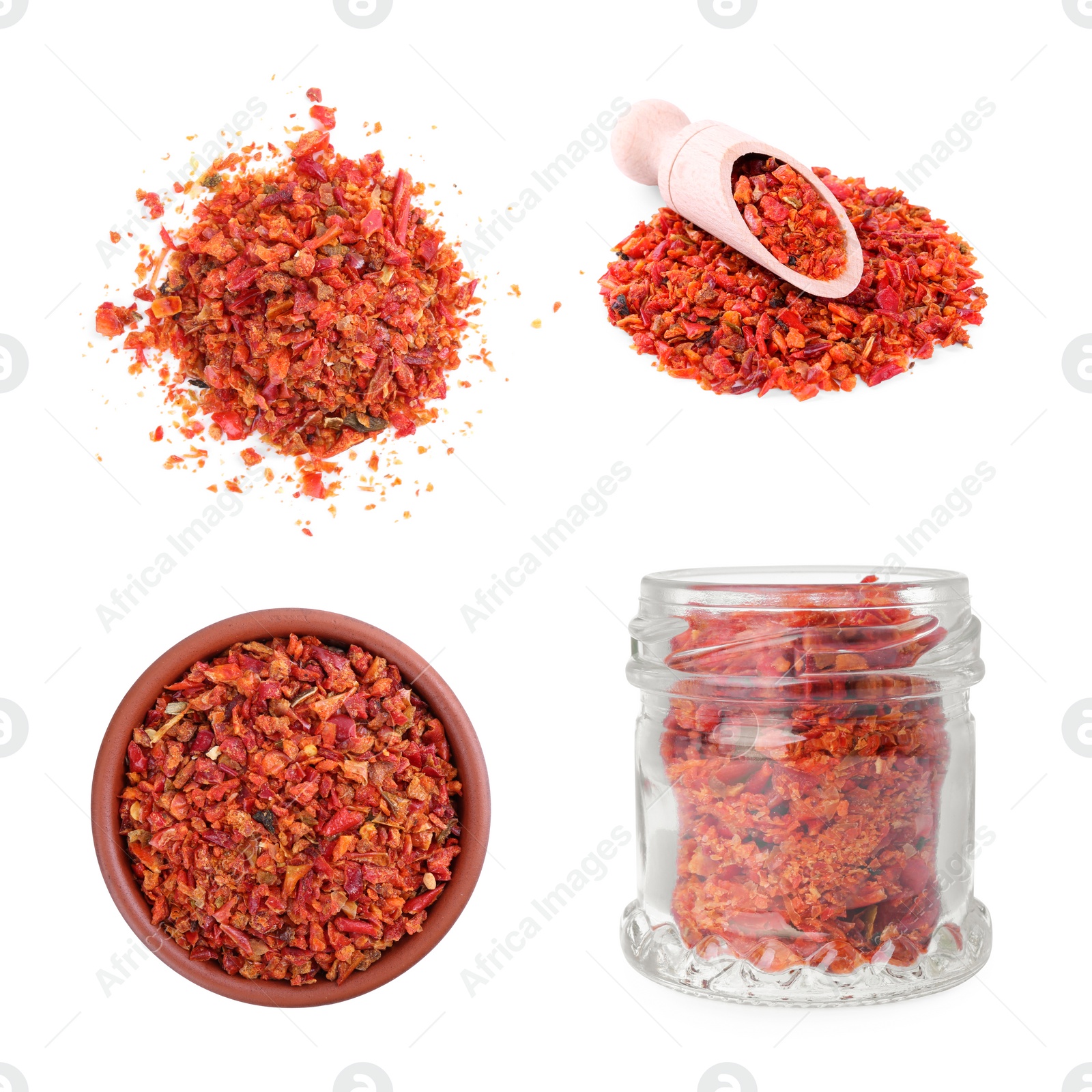 Image of Aromatic spices. Red chili pepper flakes on white background, set