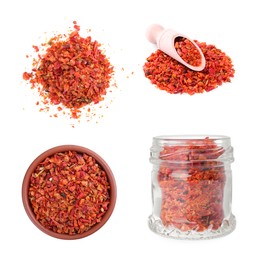 Image of Aromatic spices. Red chili pepper flakes on white background, set