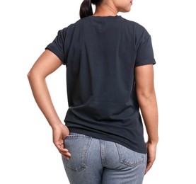 Photo of Woman wearing black t-shirt on white background, closeup