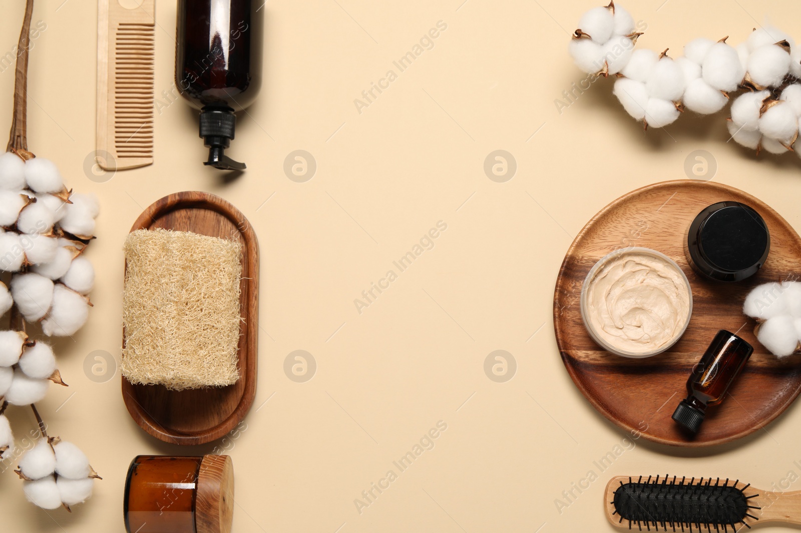 Photo of Bath accessories. Flat lay composition with personal care products on beige background, space for text