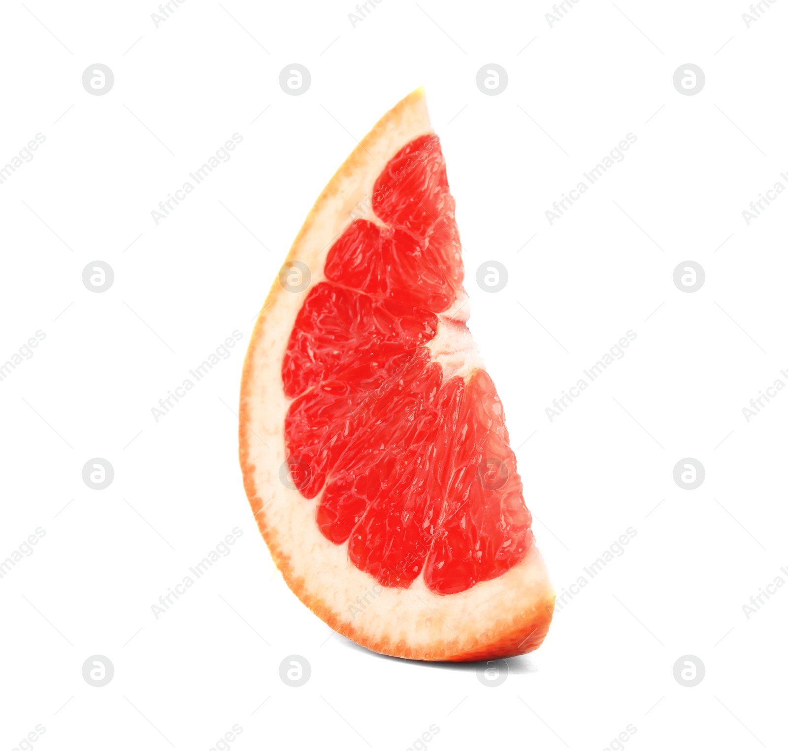 Photo of Slice of ripe juicy grapefruit on white background