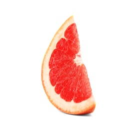 Photo of Slice of ripe juicy grapefruit on white background