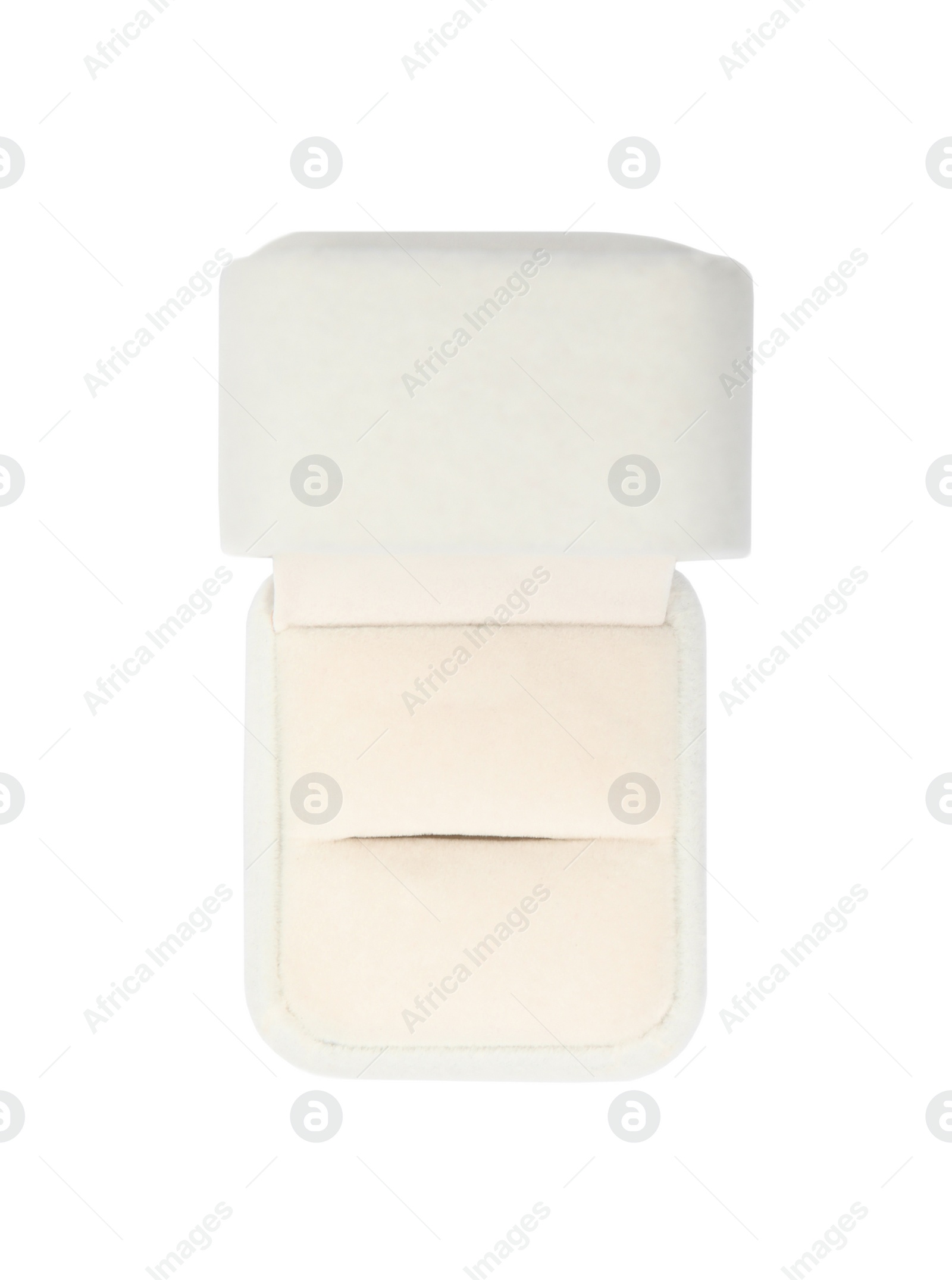 Photo of Empty stylish ring box isolated on white, top view